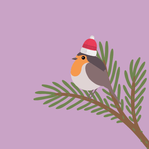 Cartoon image of a robin wearing a red bobble hat sitting on a branch