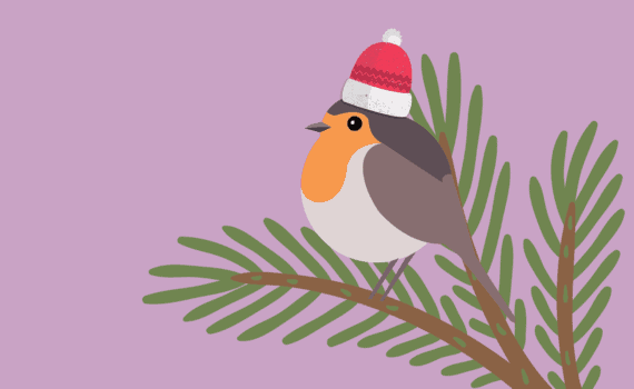 Cartoon image of a robin wearing a red bobble hat sitting on a branch