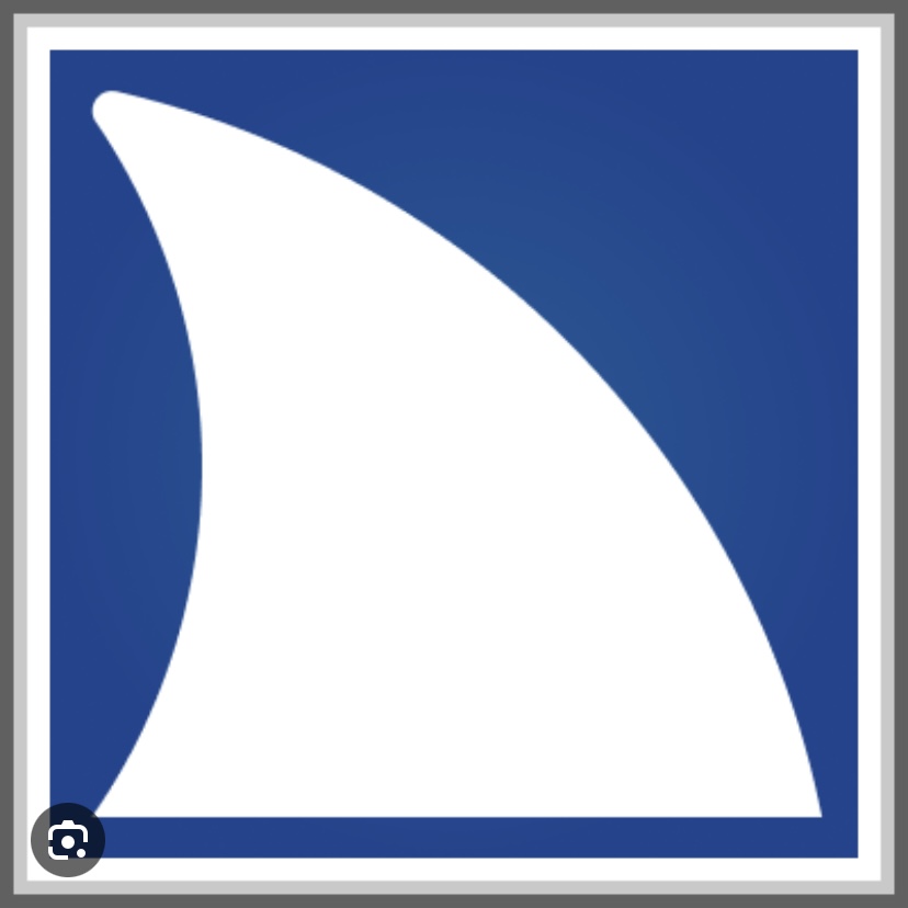 Windows Jaws Logo, blue square background with a white shark fin.